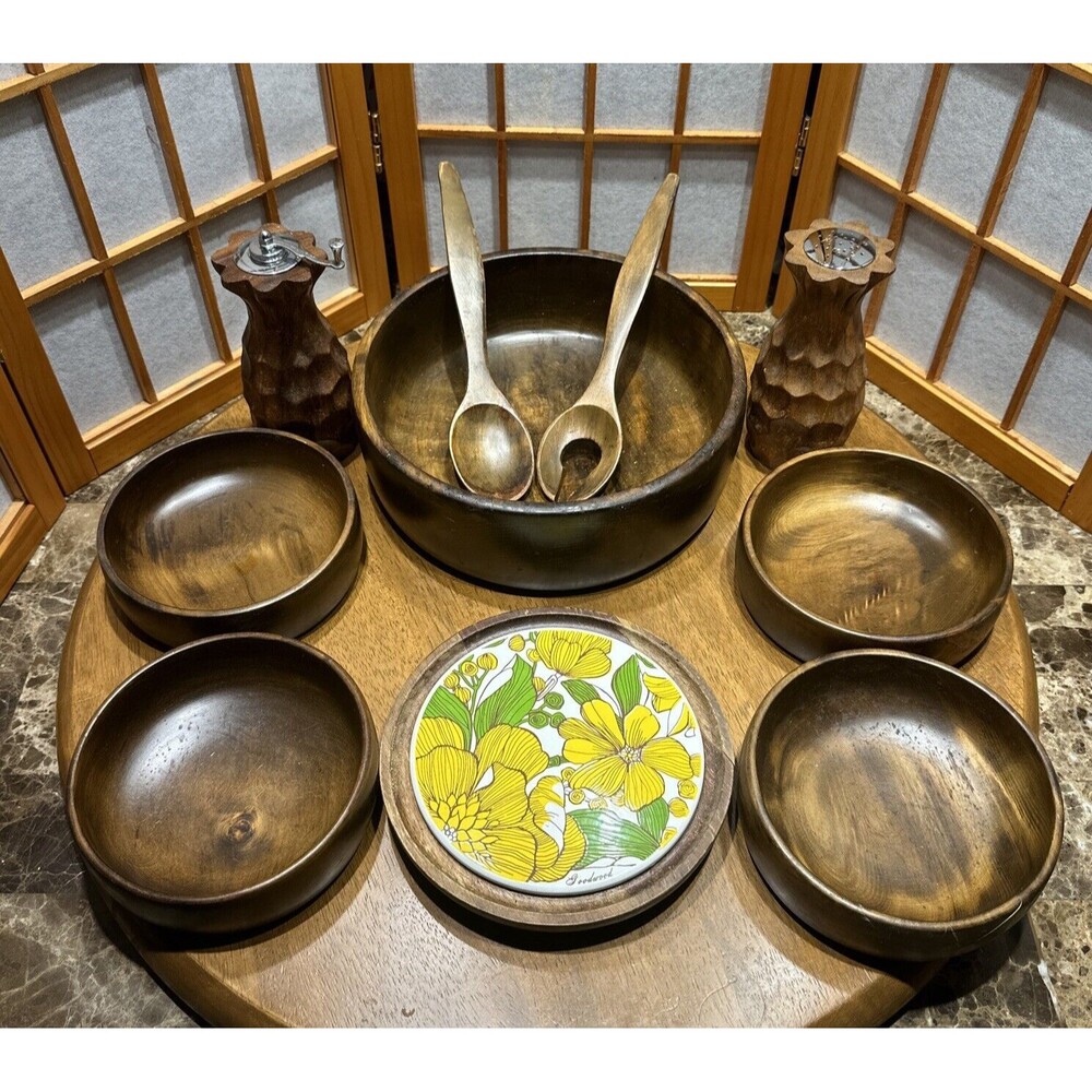 IMPERIAL WOODEN SALAD BOWL SET JAPAN Goodwood Trivet Belaire Pepper/Salt Shakers